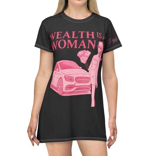 Wealthy Woman T-Shirt Dress, Stylish Casual Dress, Statement Dress for Women, Gift for Her, Fashionable Everyday Wear